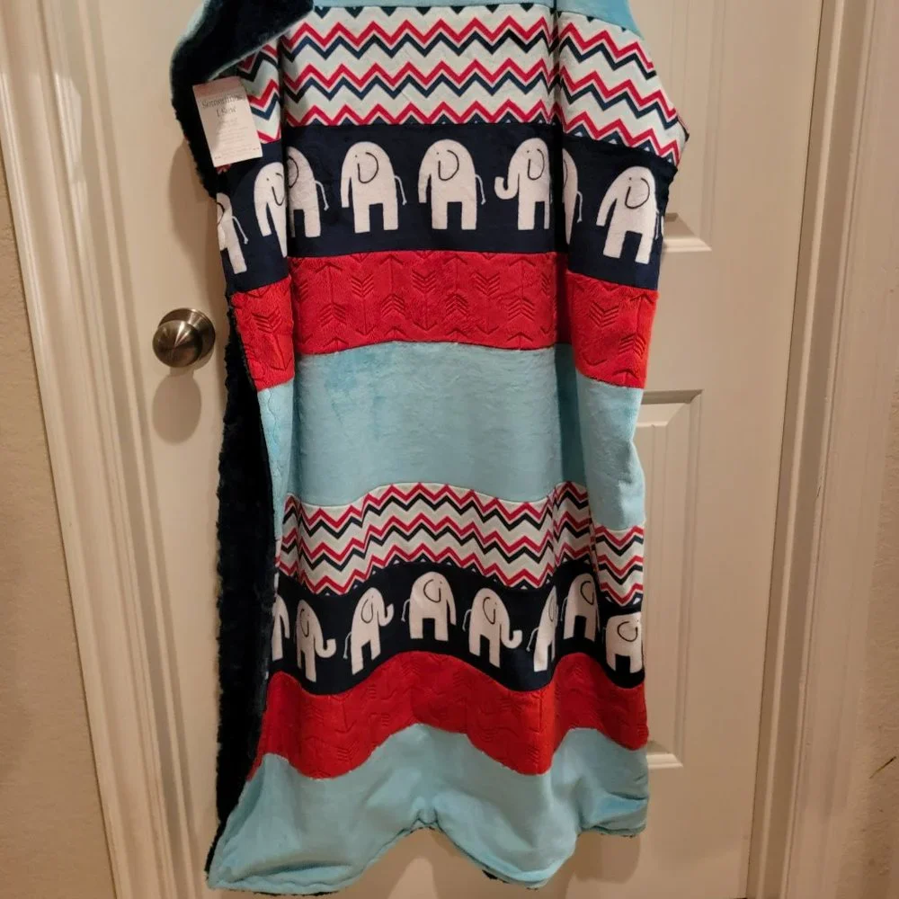Handmade Minky Elephant Blanket 56x48 Large Plush Throw Navy Red Blue Soft Cozy